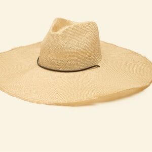 Wyeth Pia Tan Wide-Brim Hat with chin strap in natural straw.